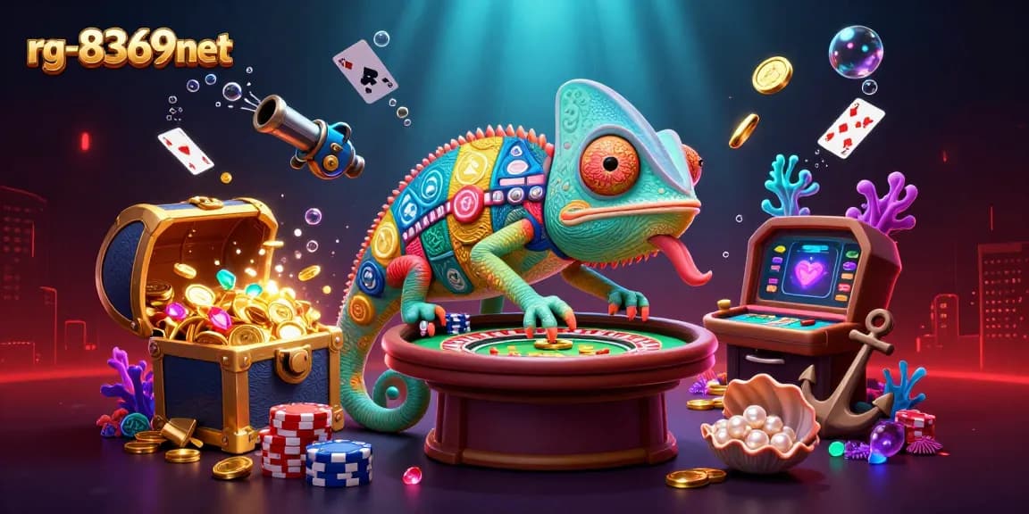 Experience the vibrant energy of rg-8369net's casino world with an enormous chameleon owner amid thrilling game elements.