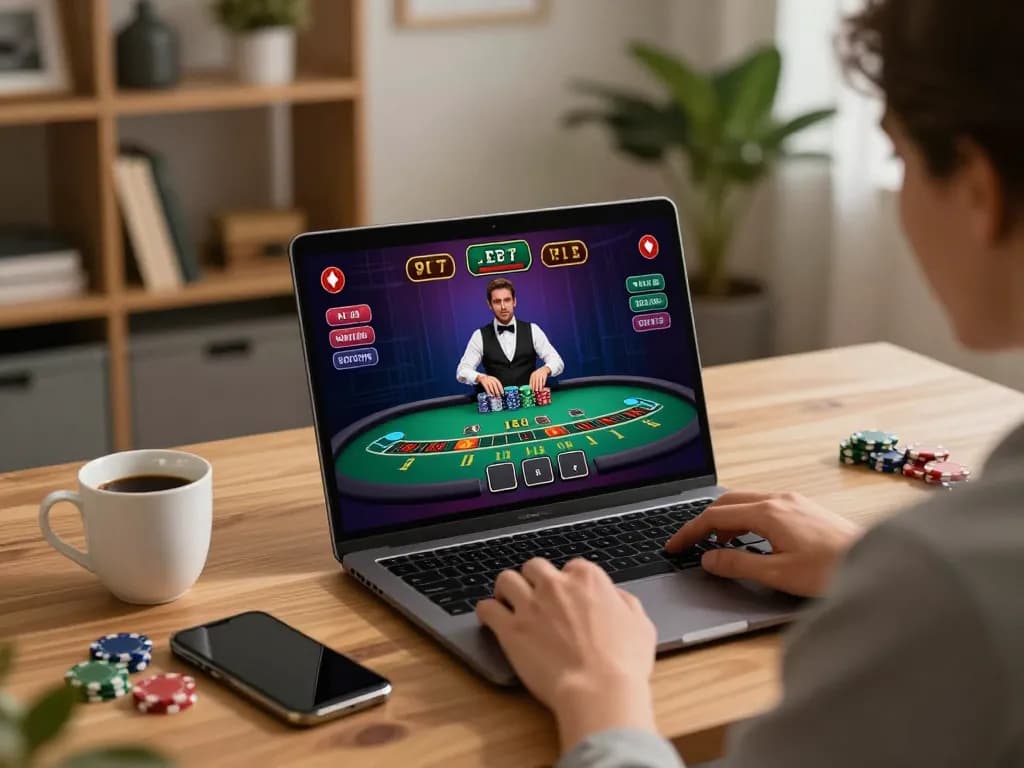 Player enjoying live blackjack on MB66 in a cozy home office, emphasizing strategic online gambling.