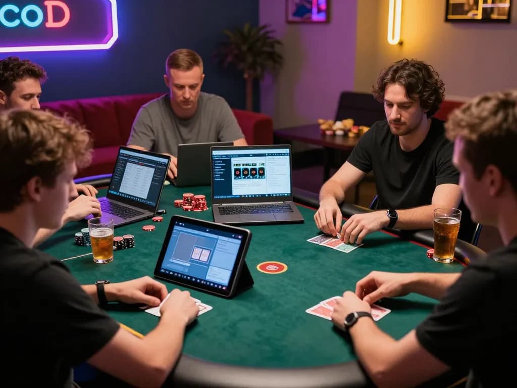 Các người chơi LUCK8 đang lập chiến lược trong một trò chơi poker trực tuyến với ánh sáng rực rỡ.