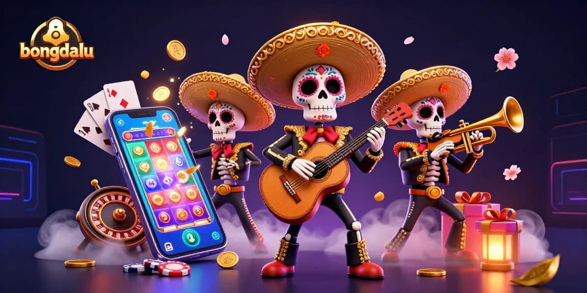 Bongdalu scores a vibrant 3D illustration featuring mariachi skeletons amidst colorful gaming elements.