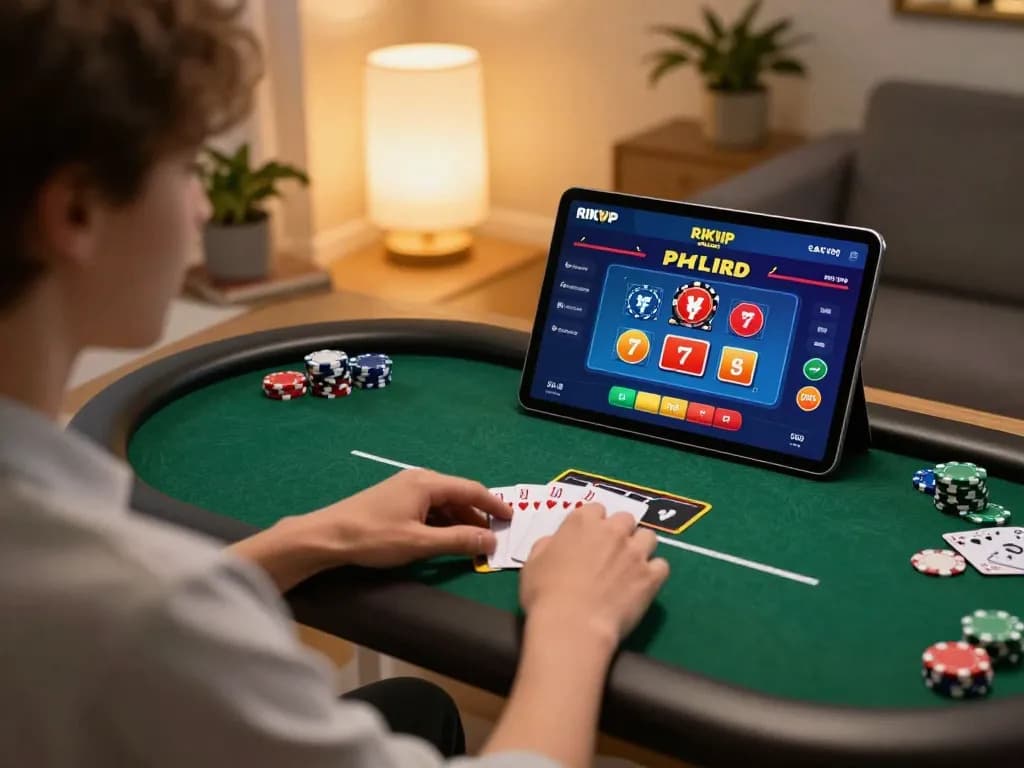 Player engaging in online poker using the RIKVIP app at home, showcasing a comfortable and exciting gaming environment.