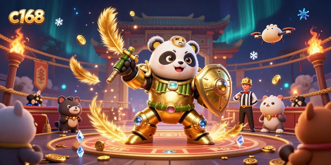 c168 illustrates a vibrant casino arena with a golden panda in a mech suit and dynamic game elements.