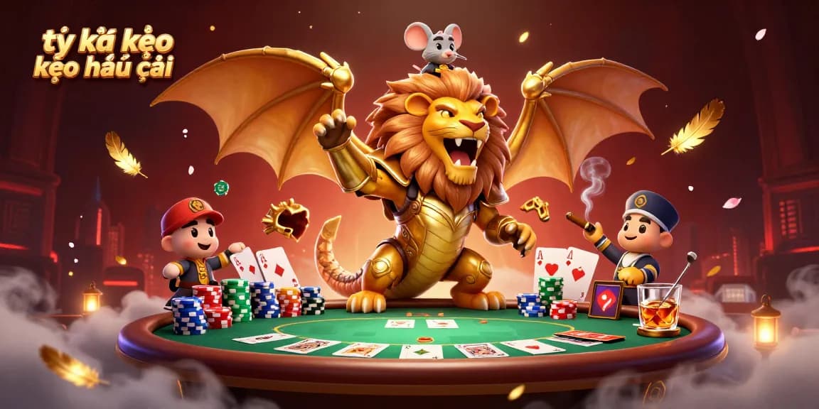 Engaging depiction of tỷ lệ kèo kèo nhà cái featuring a chimera and poker elements in a vibrant casino scene.