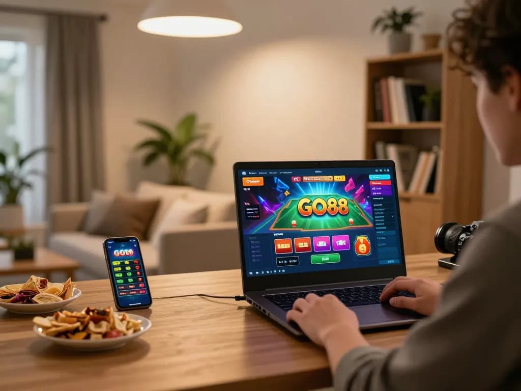 Engaging in exciting GO88 gaming with vibrant graphics on a home office setup.