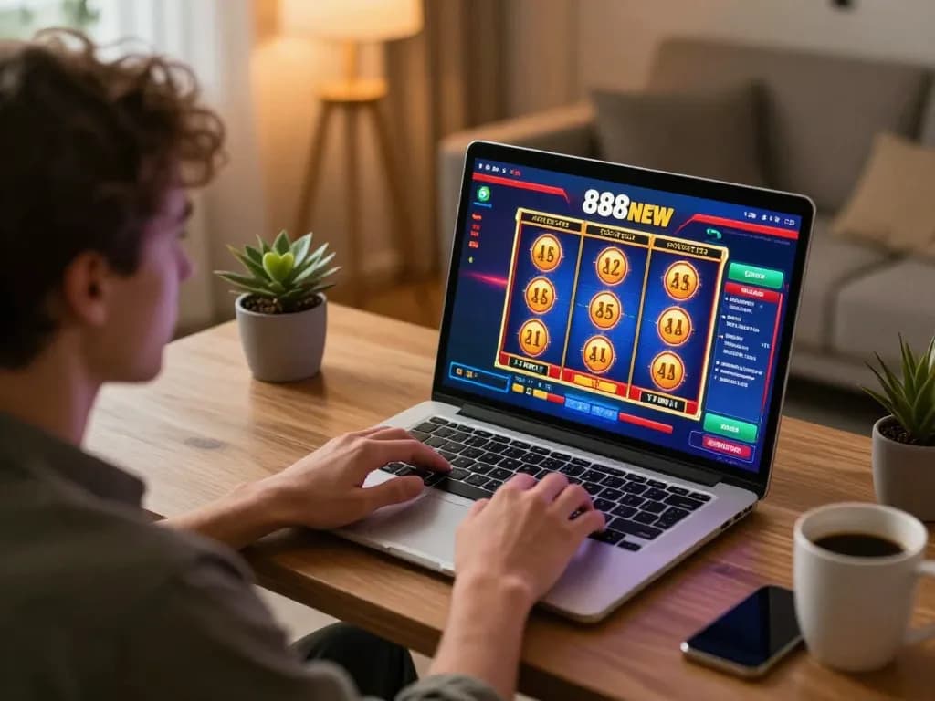 Engaging gameplay on 888NEW showcasing colorful slot machines in a cozy home setup.
