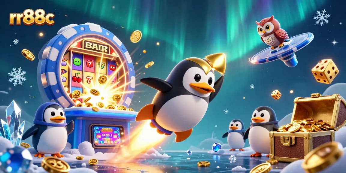 Engage with thrilling games at rr88c platform, featuring a dynamic golden penguin and casino elements.