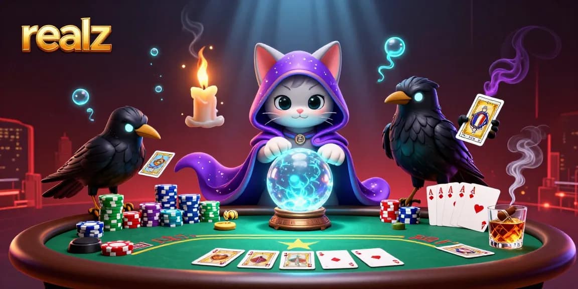 Experience thrilling poker excitement with realz featuring a mystic cat and poker chips.
