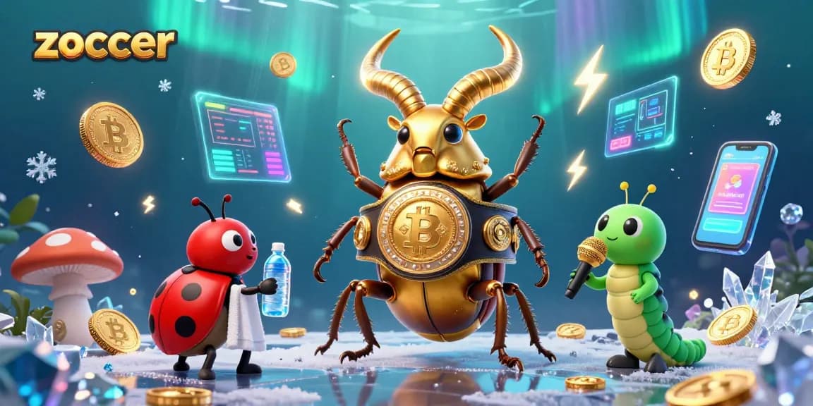 Zoccer showcases a vibrant boxing-themed illustration featuring playful characters and cryptocurrency elements.