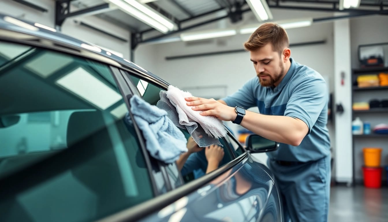 Fahrzeugaufbereitung in professioneller Umgebung mit glänzendem Auto und Reinigungsutensilien.
