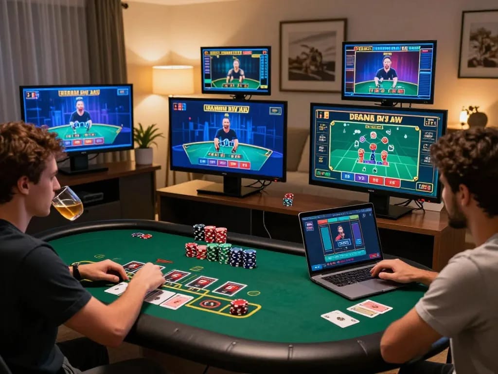 mb66an player engaging in online blackjack gaming on multiple screens with strategic elements visible.