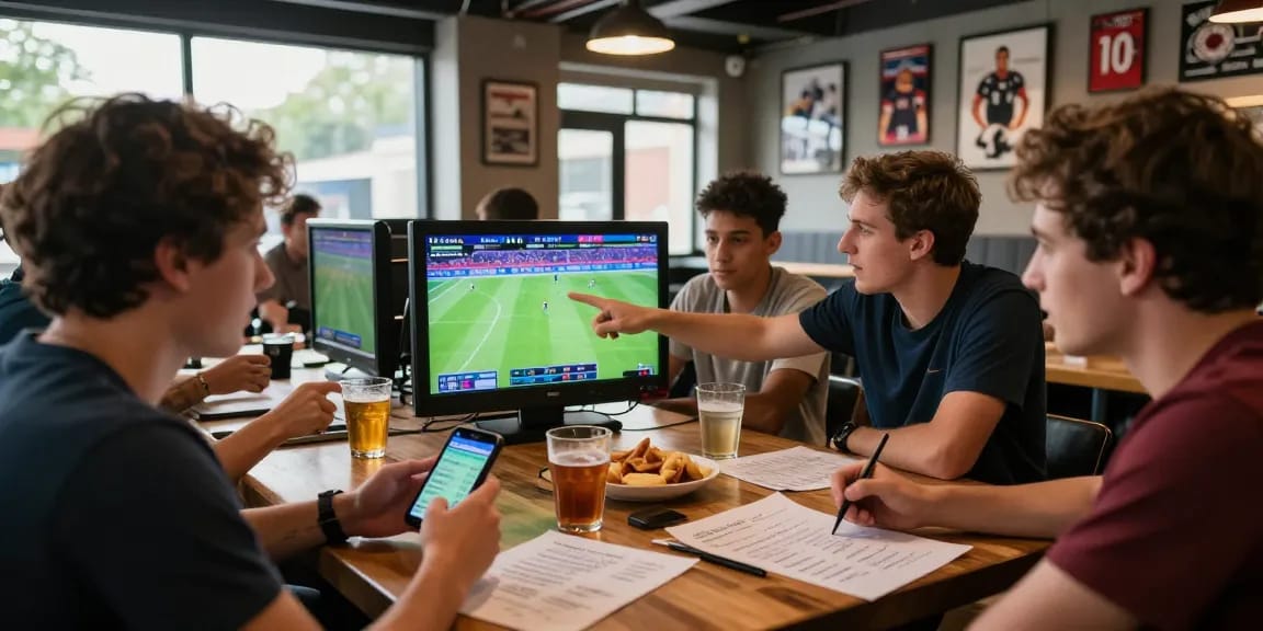 Exciting betting atmosphere at https://soikeonhacai.com.co/ with friends analyzing live football matches and odds at a modern sports bar.