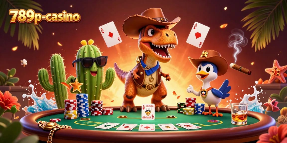 Engage with thrilling gaming at 789p-casino featuring vibrant T-Rex cowboy poker scene.