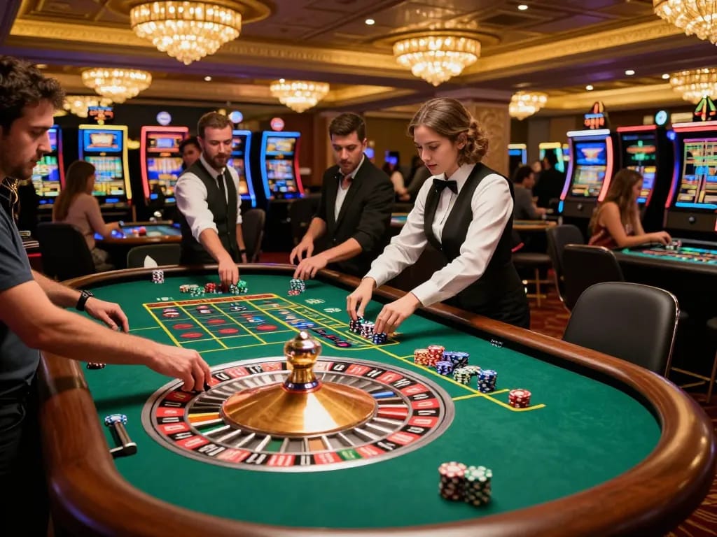 Watch real-time roulette action at the casino, highlighting players placing bets and croupier spinning the wheel for an engaging experience.