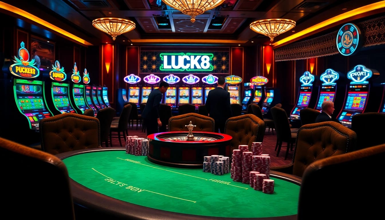 Hoạt động chơi game đầy hồi hộp tại casino LUCK8, có bàn poker và những máy đánh bạc sống động.