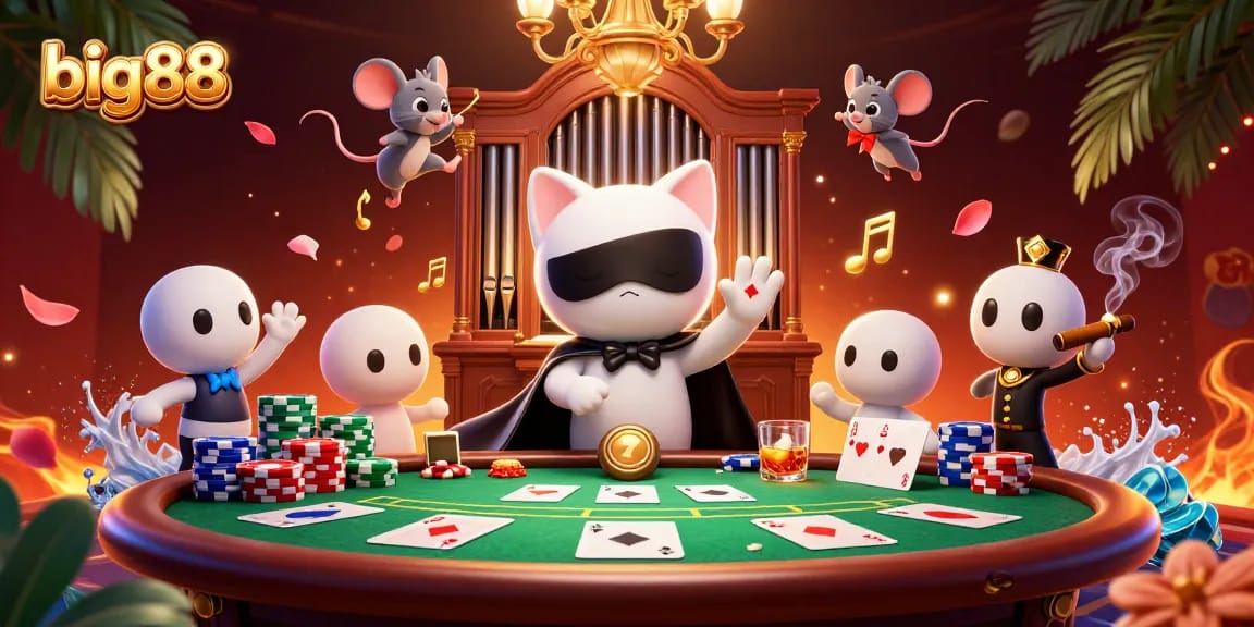 Experience big88 action with a charming white cat and acrobat mouse at a lavish casino scene.