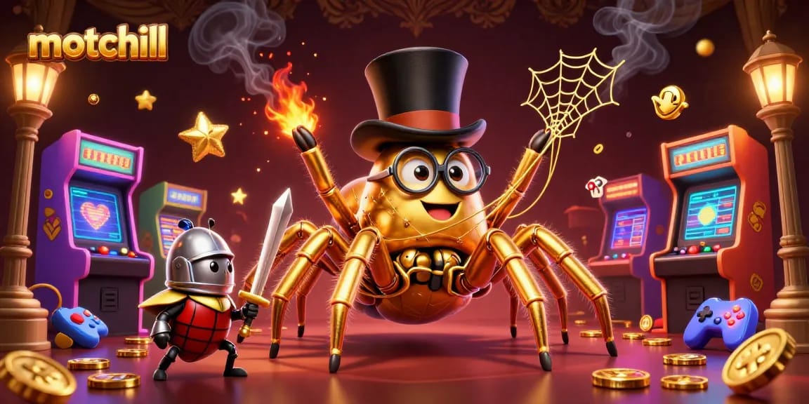 Engage with motchill's vibrant casino scene featuring a golden tarantula and beetle knight amidst vivid gaming elements.