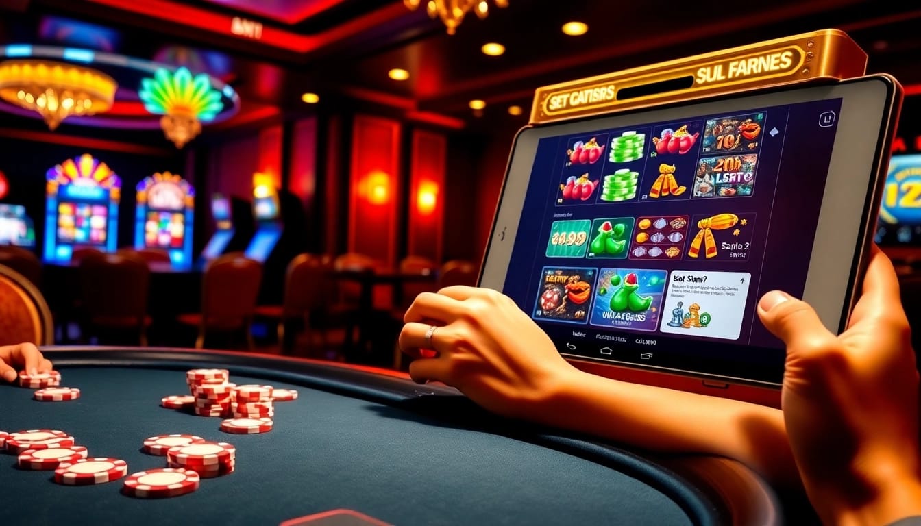 Sao789 players enjoying a thrilling poker game at an elegant casino table surrounded by vibrant digital slots.