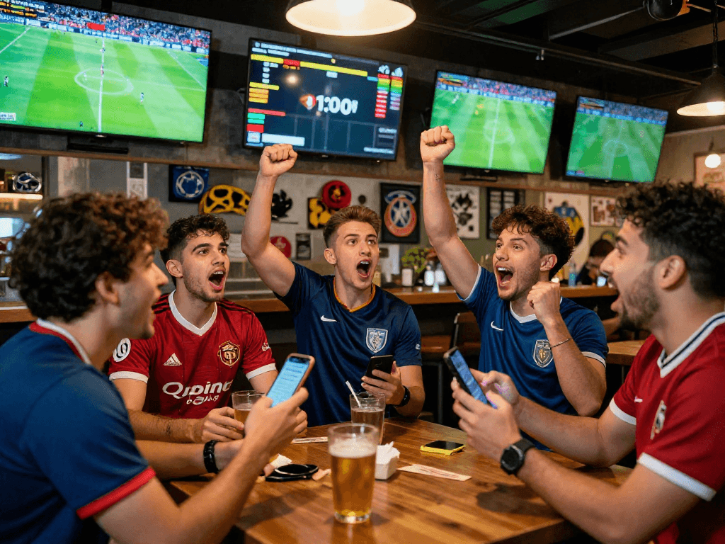 Freunde genießen Fußballwetten ohne Oasis in einem lebhaften Sportbar, während sie ein Spiel schauen und wetten.