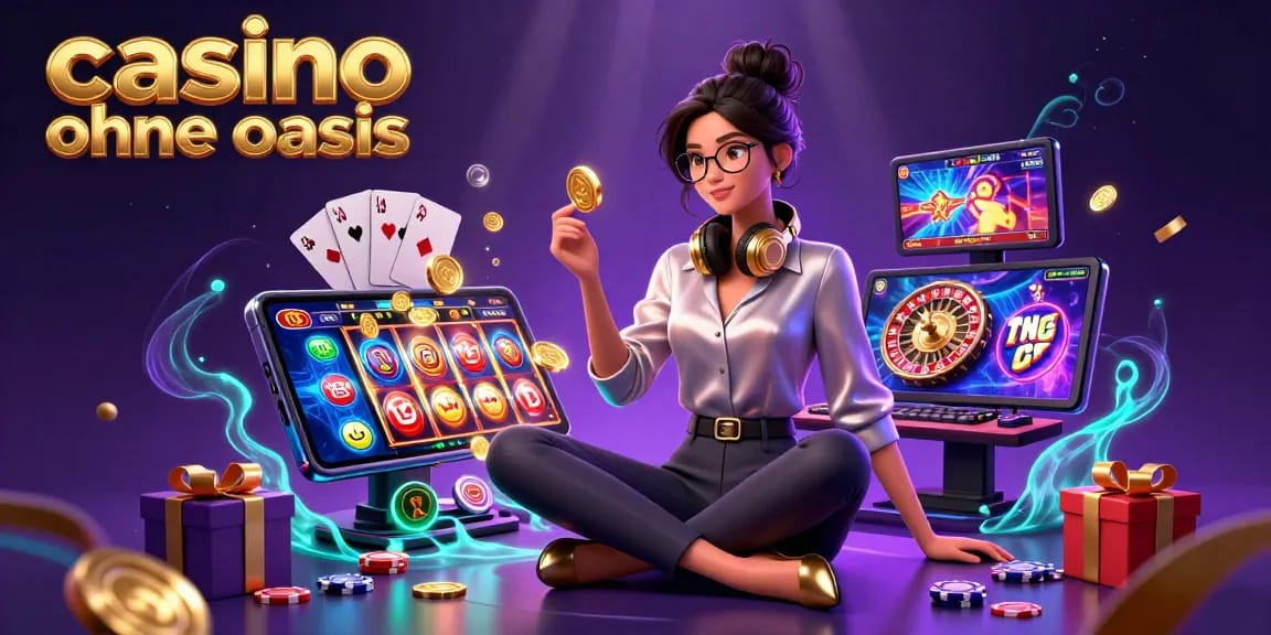 Engage in the excitement of casino ohne oasis with a gamer at a vibrant digital setup surrounded by casino elements.