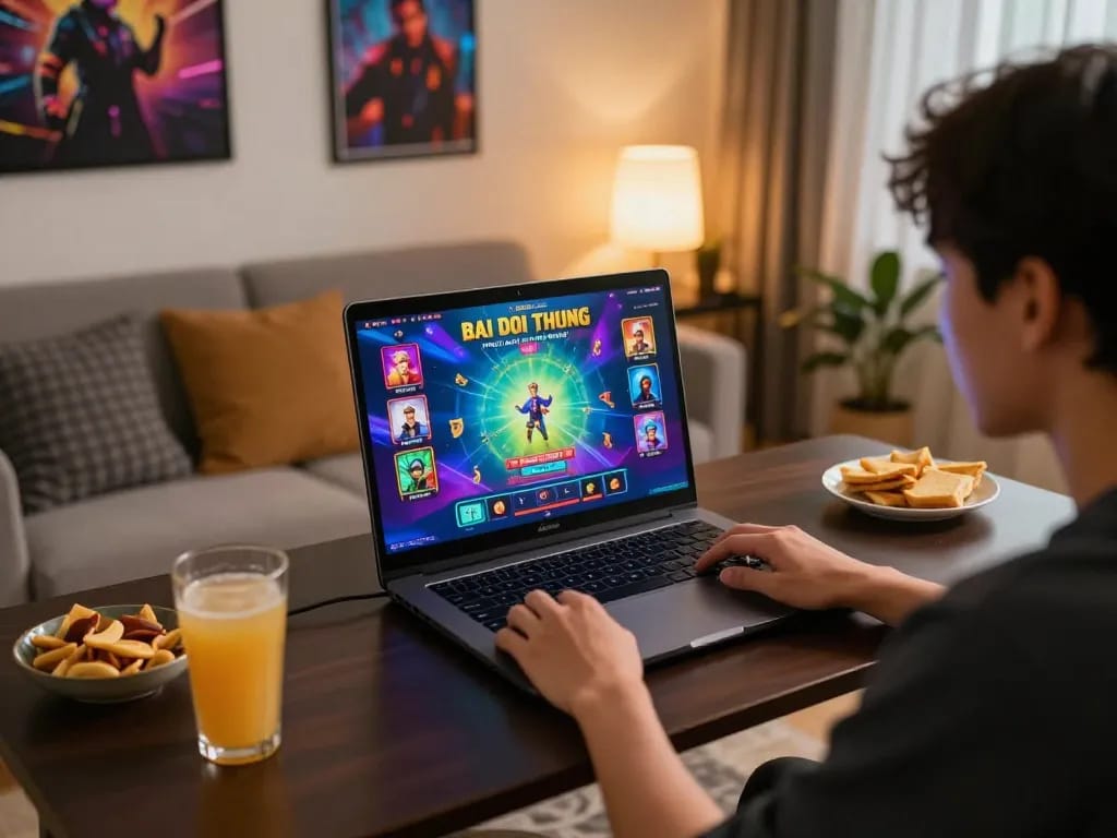 Engaging player experiencing the thrill of game bai doi thuong in a cozy home gaming setup