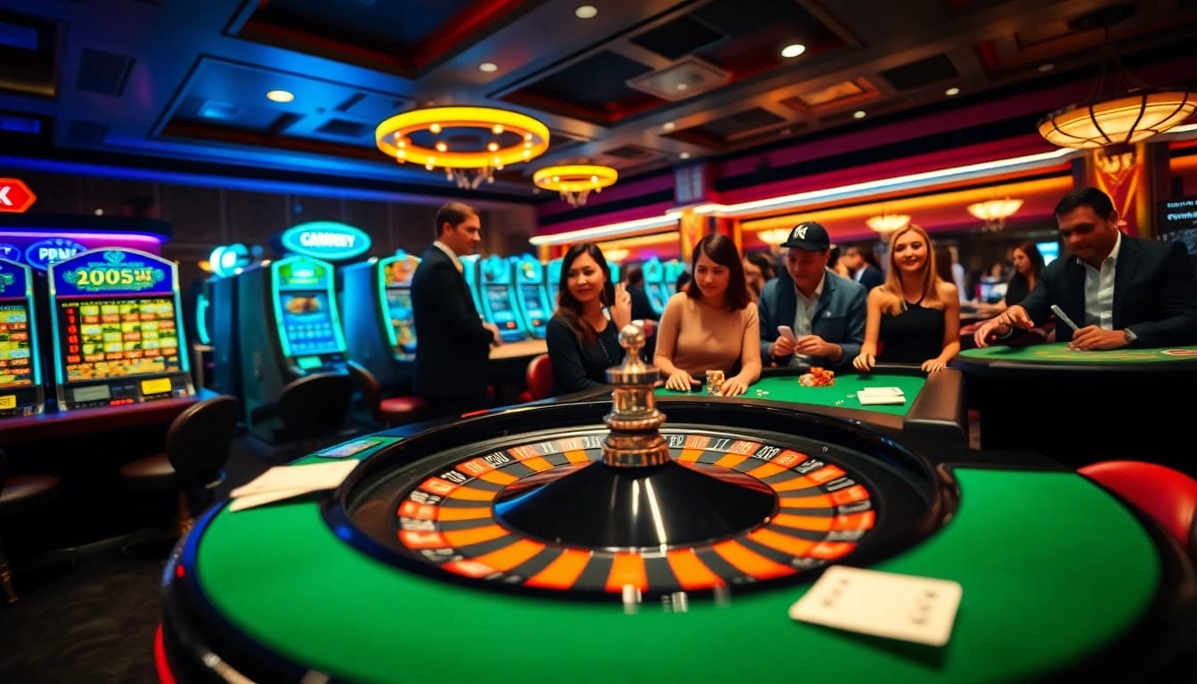 Experience the thrill of gambling at gamebaidoithuong.trading with a luxurious casino scene featuring roulette, poker, and slots.