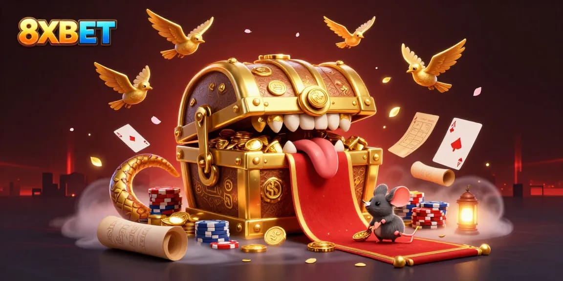 Engage in thrilling gameplay with 8XBET's unique poker and casino elements abundant in the action-packed scene.