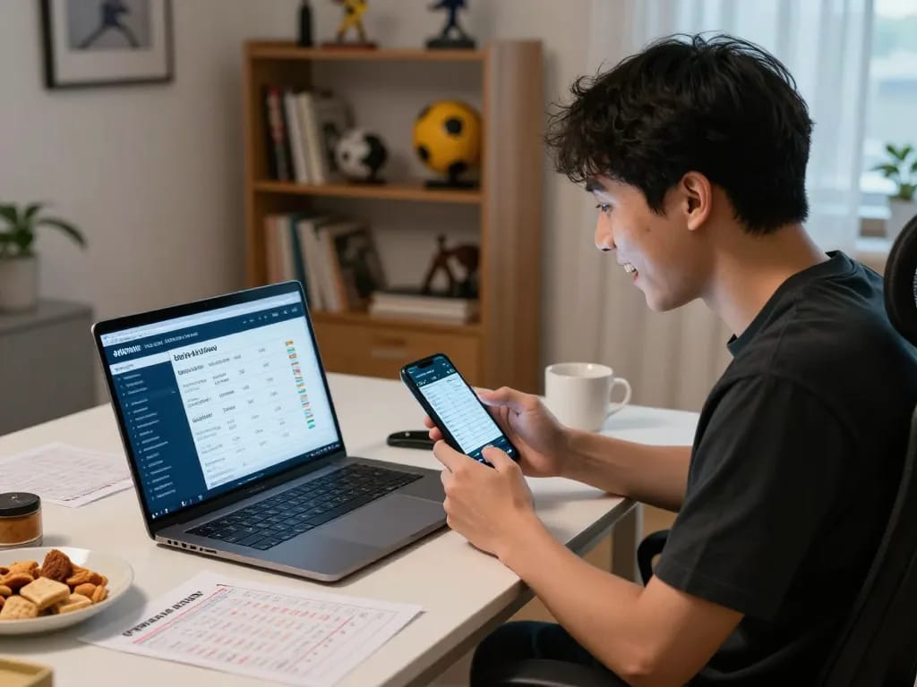 Sports betting with real-time kèo nhà cái odds on laptop in cozy home setting
