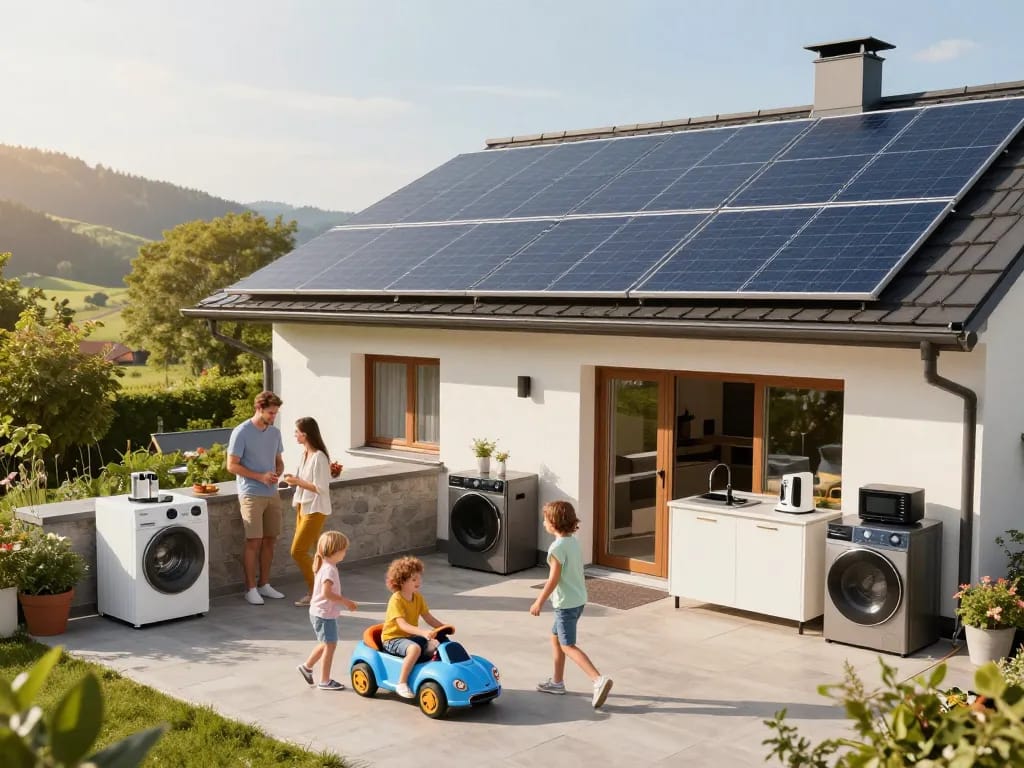 Photovoltaik Bayern - Familie genießt einen sonnigen Tag mit Solarpanelen auf dem Dach in Bayern.