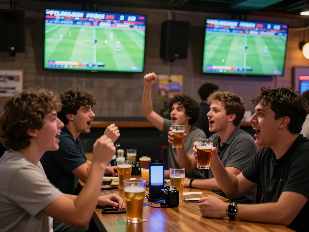 Exciting sports bar scene showcasing Kết quả bóng đá live updates with enthusiastic fans cheering on matches.