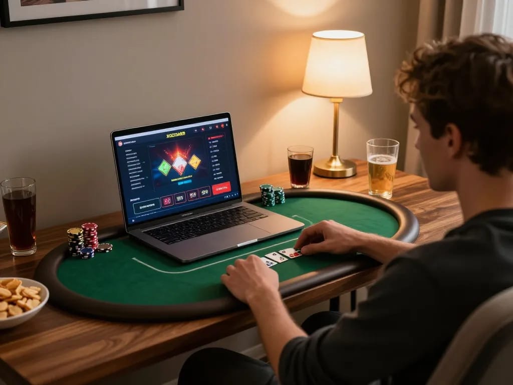 Player enjoying a thrilling online poker game with XOCDIA88 interface in cozy environment.