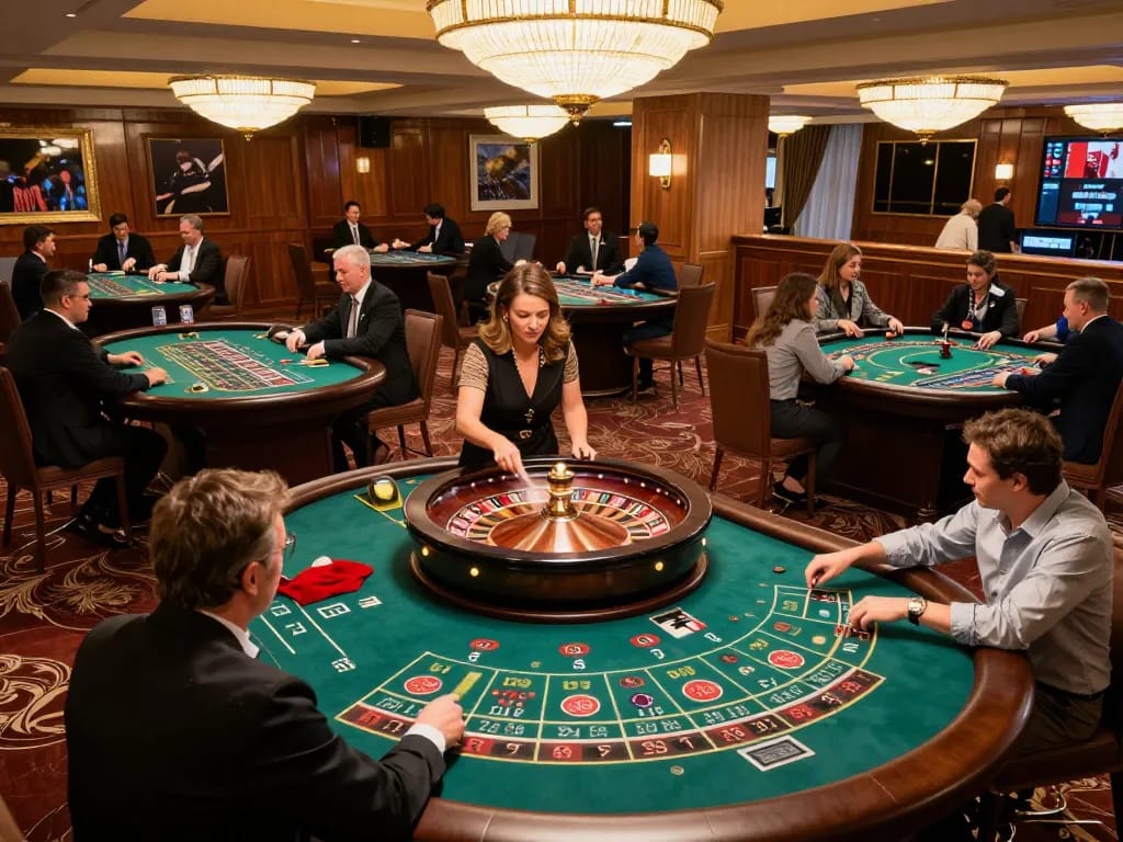Engaged players placing bets at the roulette table featuring 79King's gaming excitement in an upscale casino
