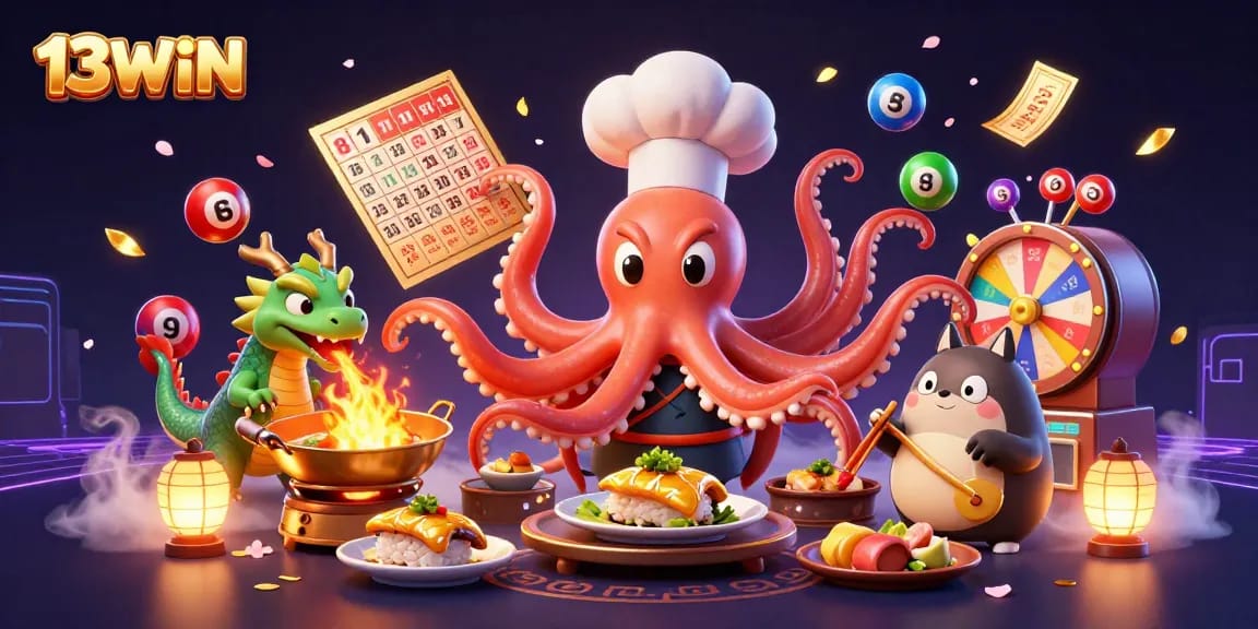 Experience thrilling moments with 13WIN as an octopus chef serves golden dishes amidst vibrant casino elements.