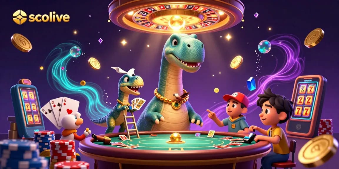 Socolive streams online casino fun with a playful dinosaur dealing cards amidst flying poker chips and golden coins.