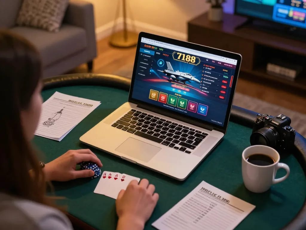 Player strategizing at f168 online casino with laptop, poker interface visible, shoes in cozy home setting.