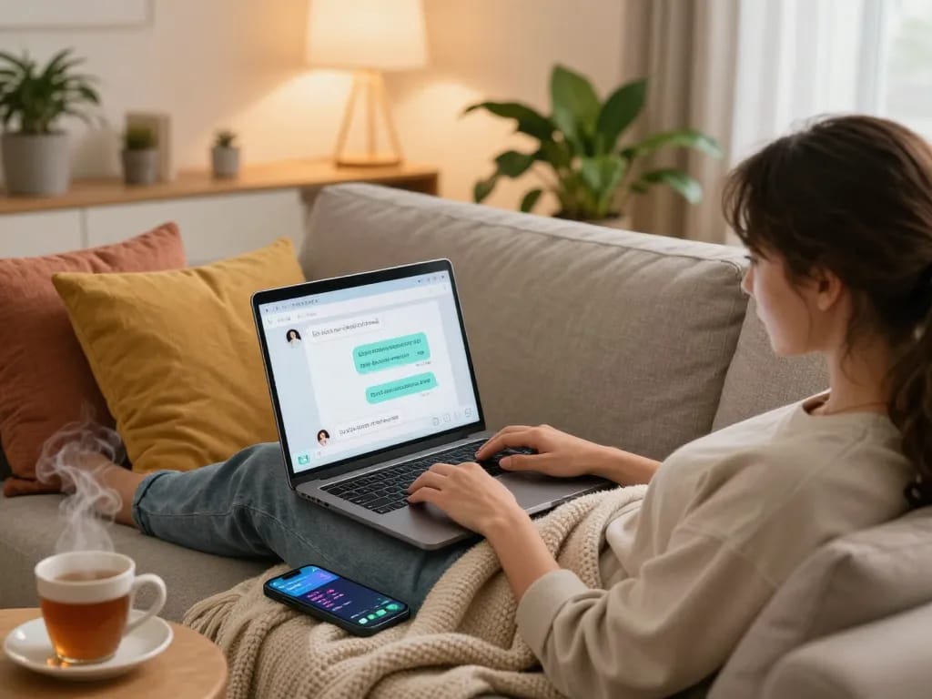 Sexting AI interaction in a cozy home setting with a person on a sofa.