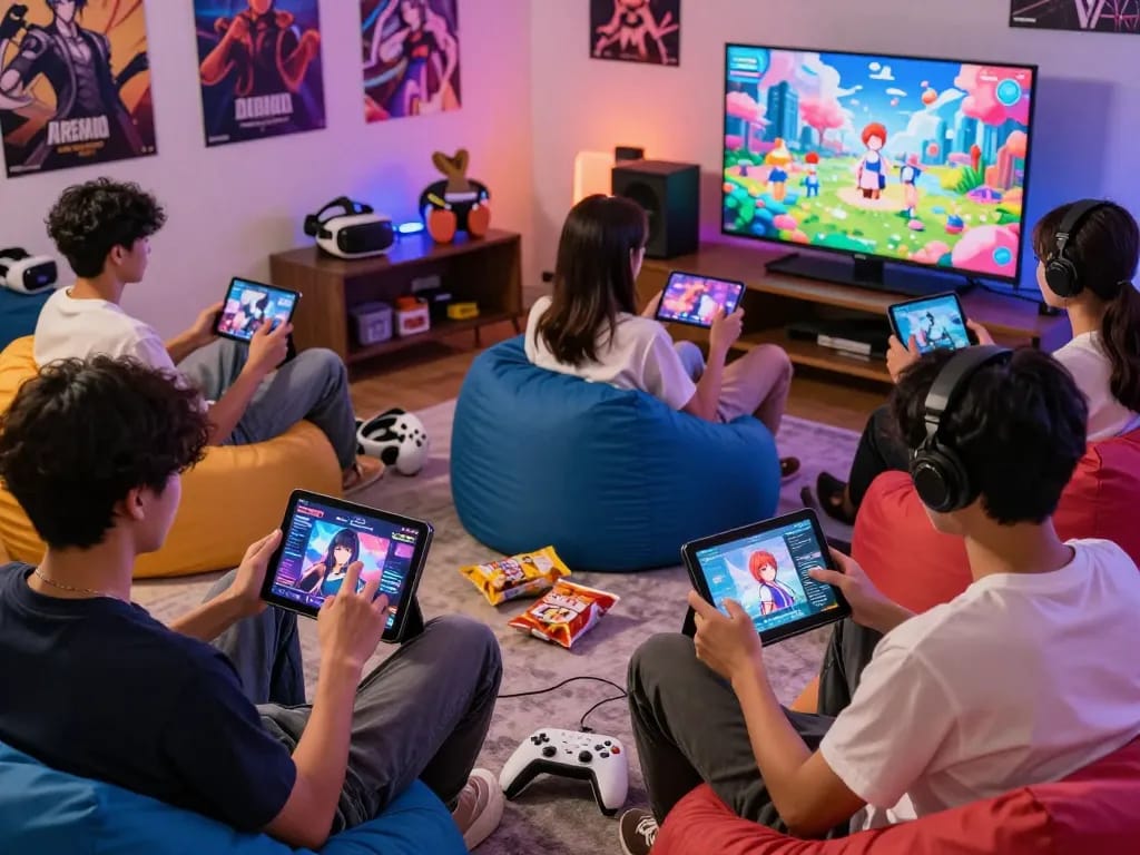 Players enjoying immersive game sex experiences on various devices in a cozy gaming lounge.