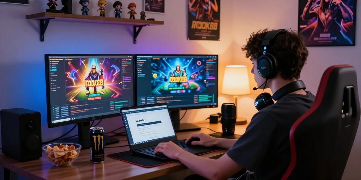 Engaged user logging into rokok88 on a vibrant online gaming platform with snacks and collectibles.