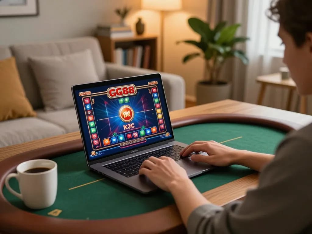 Engaged player enjoying GG88 KJC casino games on laptop in a cozy home setting.
