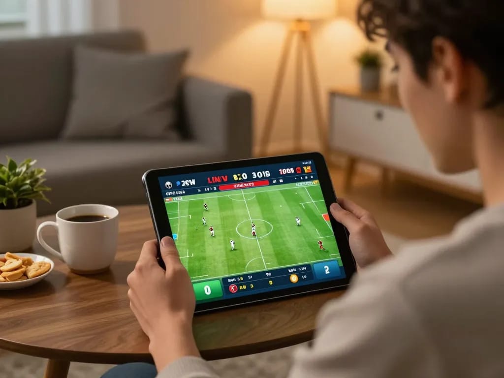 Cakhiatv user engaging in live football betting with tablet, displaying game stats and betting odds in cozy home setting