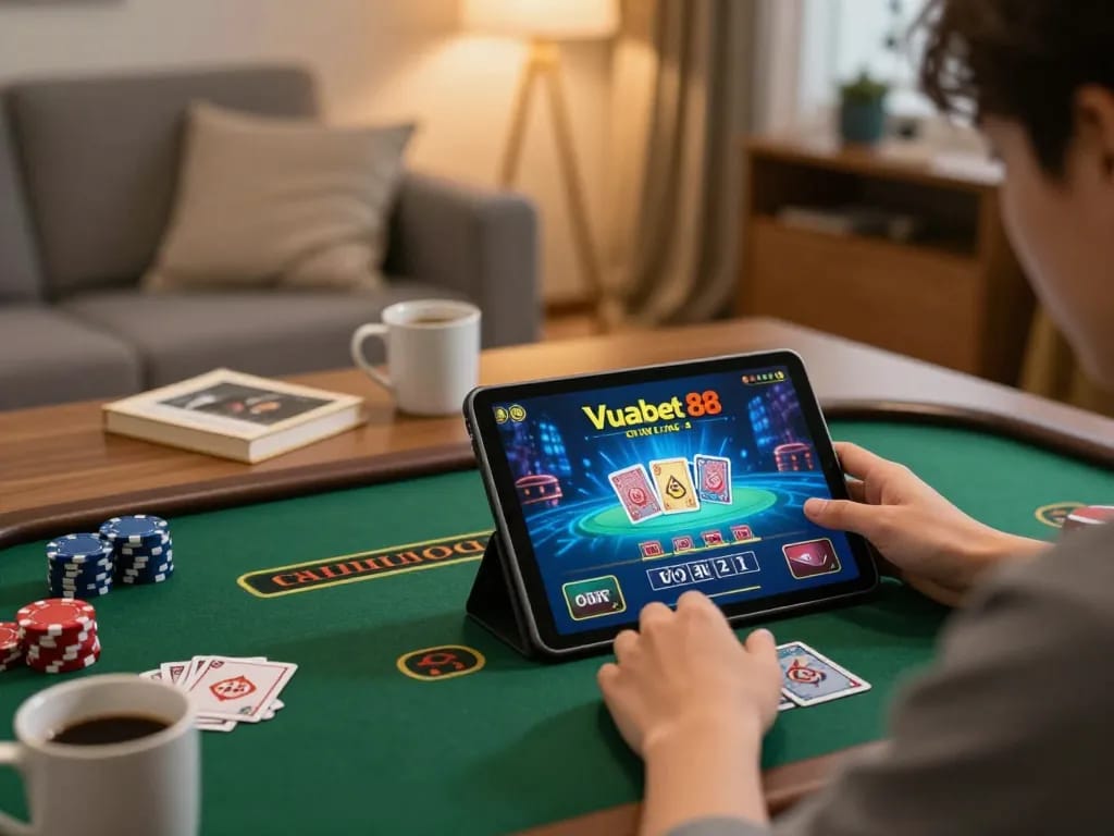 Experience thrilling online gaming with Vuabet 88 on a cozy tablet setup in a warm living room.