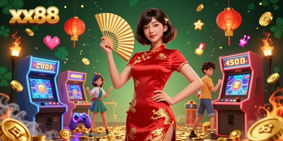 Experience the vibrant gaming atmosphere at xx88 with dynamic characters and glowing elements.