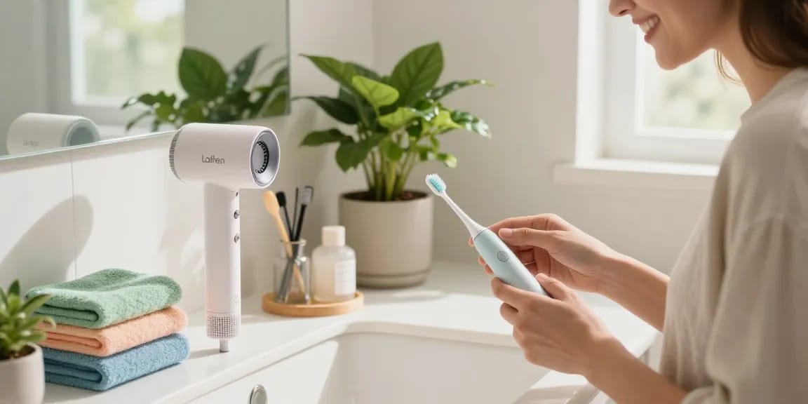 Laifen de Produkte für Mundpflege und Haarstyling im Badezimmer.