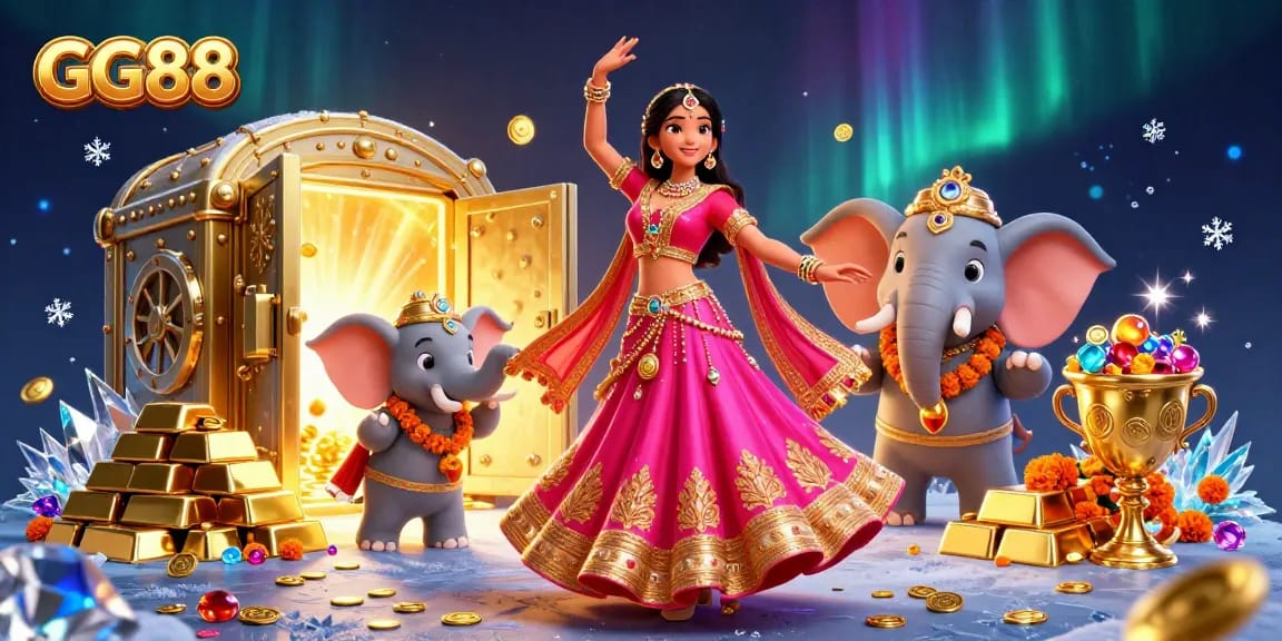 Win big with GG88 at an exciting online casino showcasing vibrant 3D characters and treasures.