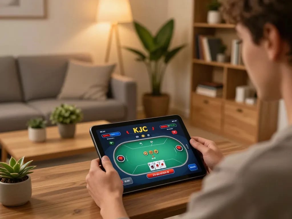 KJC user engaged in online poker game with strategic focus in a cozy home setting