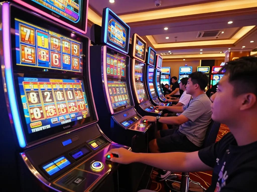 Players engage with vivid slot gacor machines, pressing spin buttons in a lively casino atmosphere.