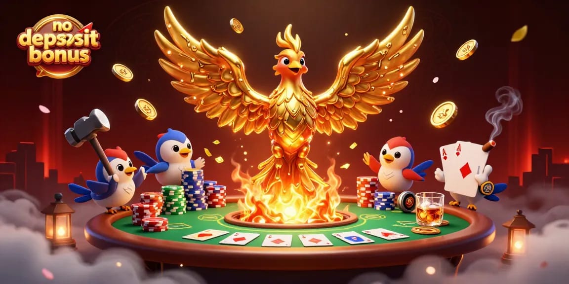 Explore no deposit bonus offers with a dynamic phoenix and poker elements in this vibrant casino scene.