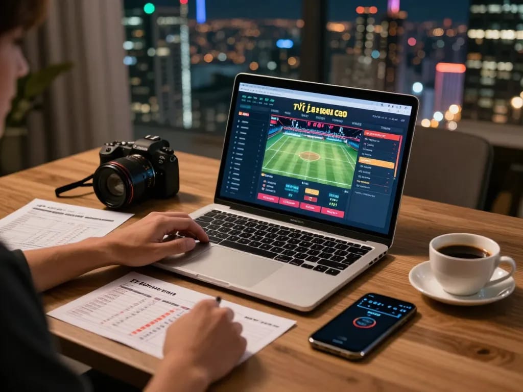 Tỷ lệ kèo nhà cái displayed on a laptop during strategic sports betting session in a cozy home office.
