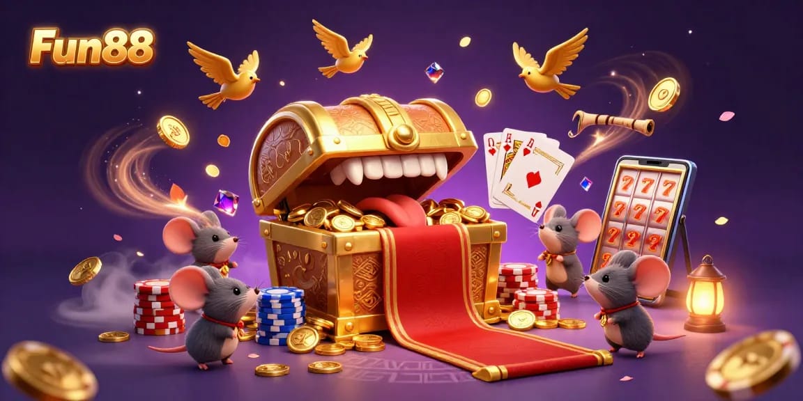 Fun88 players winning big with animated 3D treasure chest and vibrant casino elements