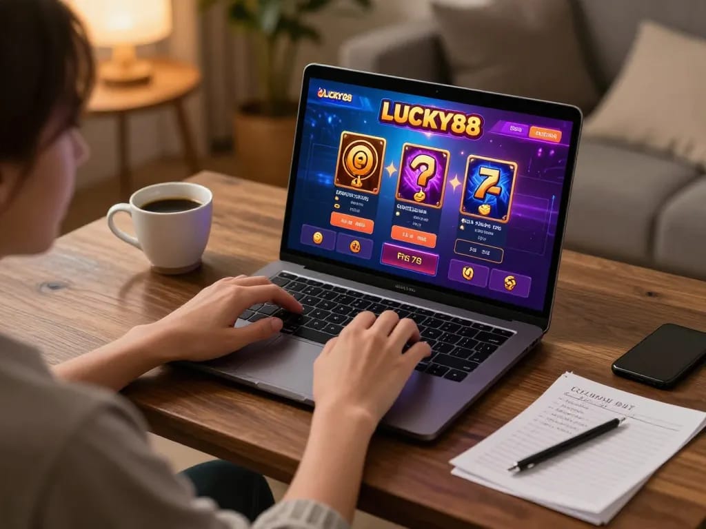 Engaging in LUCKY88 online casino gaming with a laptop at home, capturing strategic and cozy atmosphere.