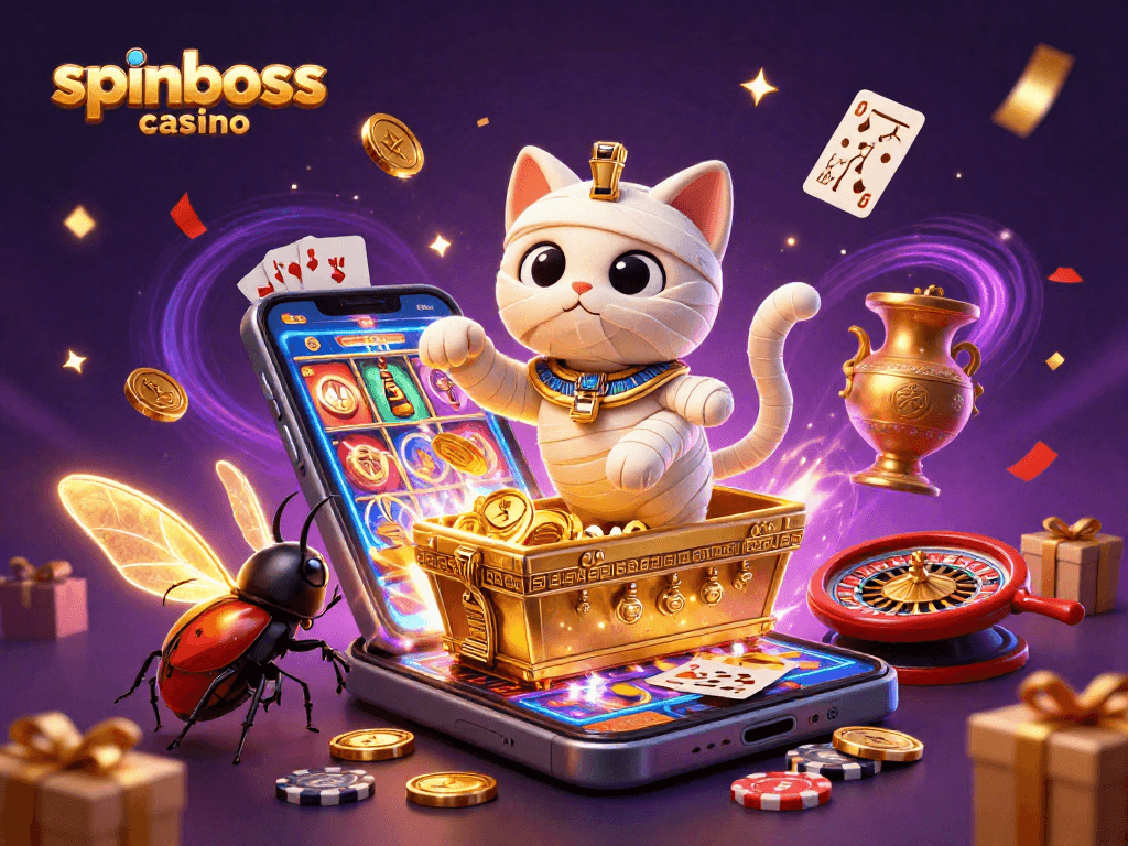 Spieler genießen im spinboss casino aufregende Abenteuer mit ägyptischer Mummy-Katze und funkelnden Schätzen.